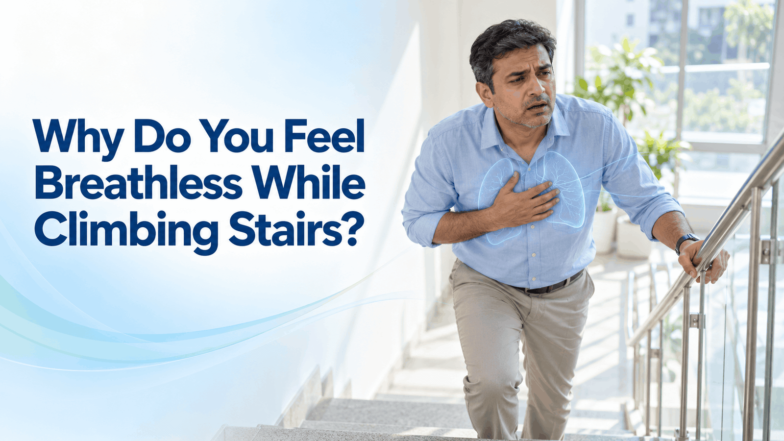 Breathless pause on modern stairs